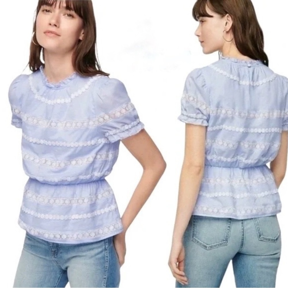 J.CREW Daisy Chain Light Blue w/White Detail Peplum Elastic Waist Top Size Small
